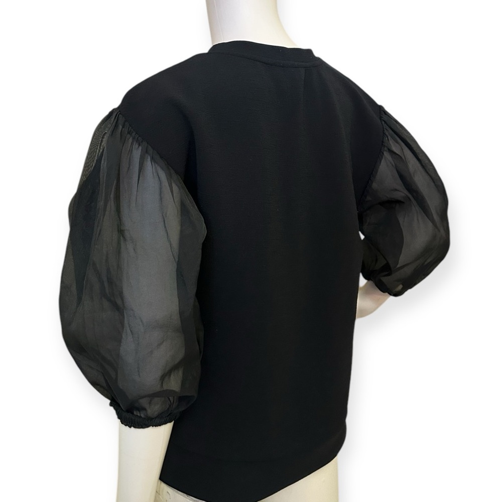 Organza Sleeve Mixed Media Top- Black - Picture 4 of 5